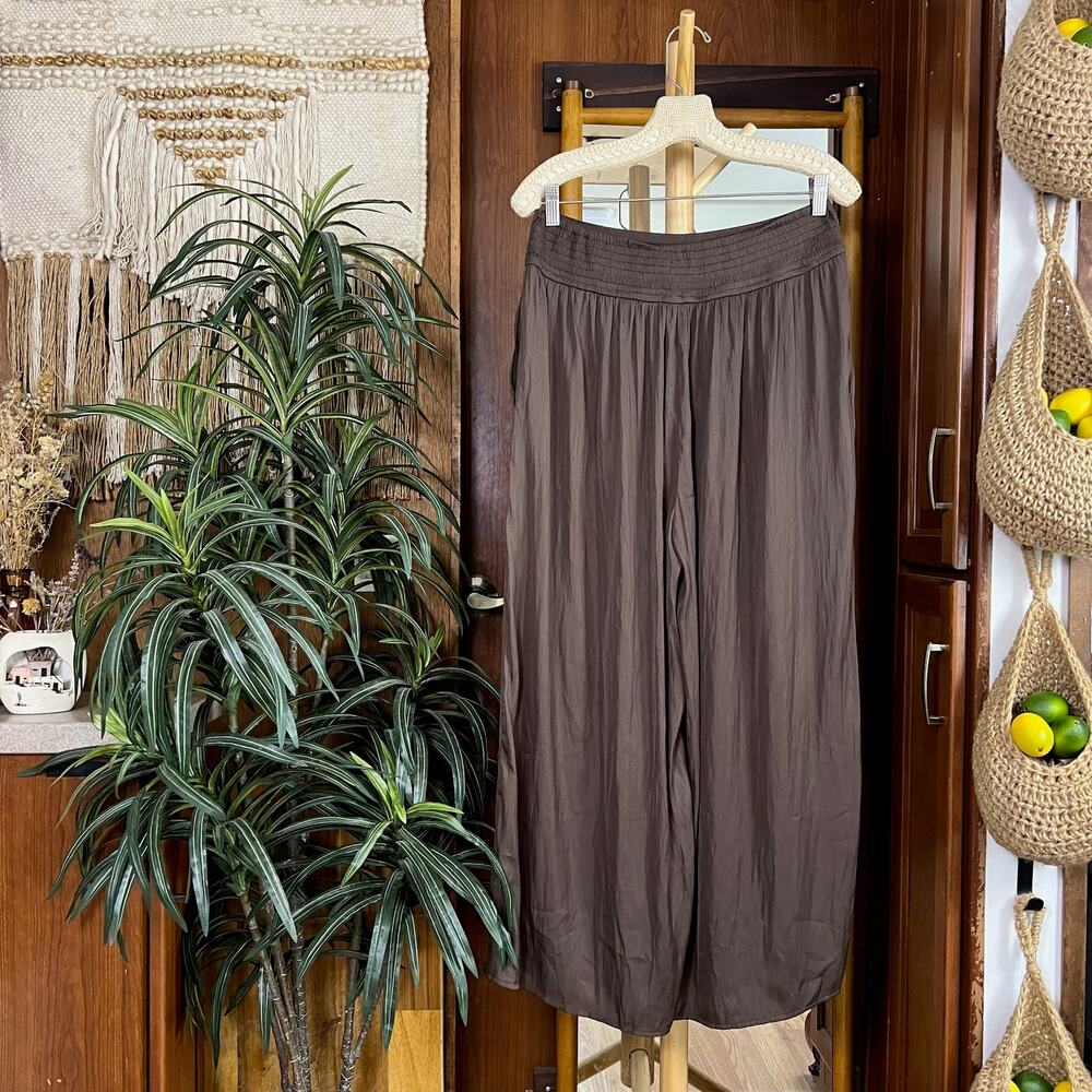 Grade + Gather Satin Wide Leg Pants Womens M Brown Pull On High Rise NWT Pockets - Picture 2 of 14